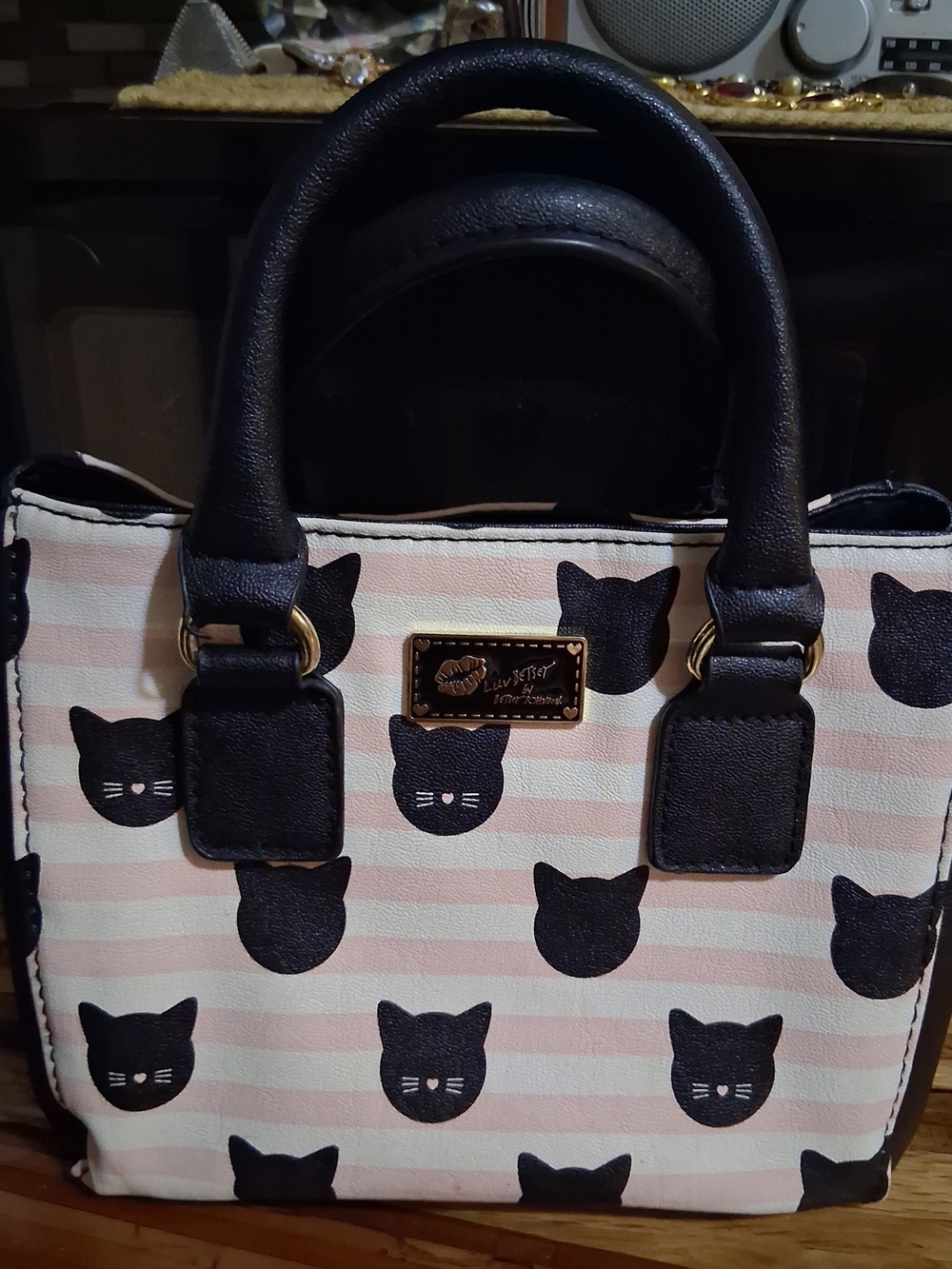Betsey Johnson Black & Pink Cat-Print Satchel